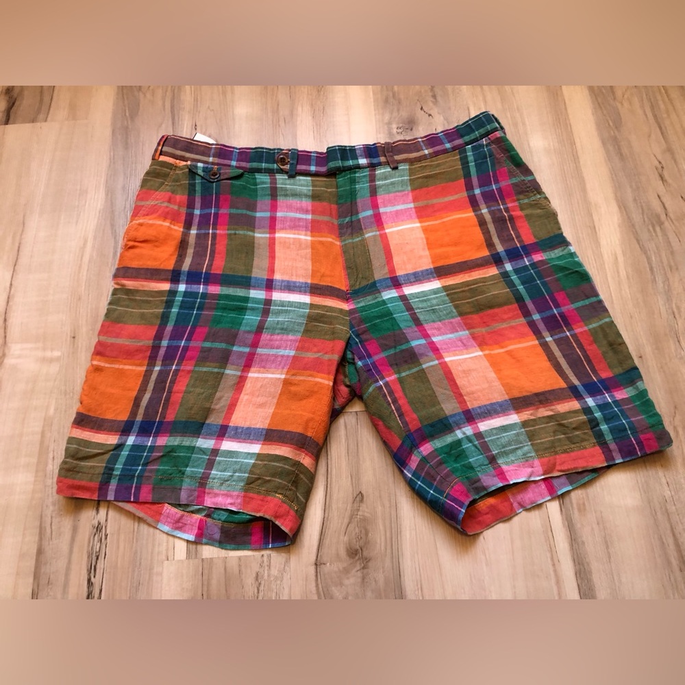Ralph Lauren Polo Golf Vintage 100% Linen Orange Green Plaid Flat Front Shorts